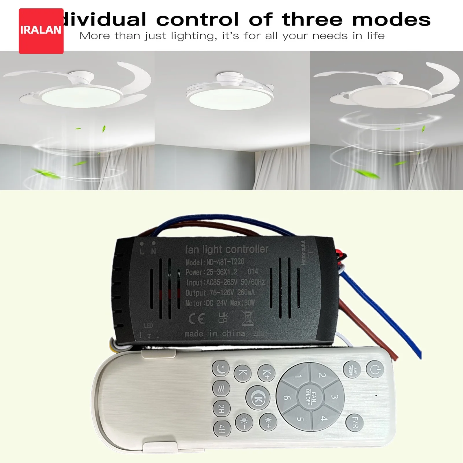 IRALAN Smart Transformer 42/48-Zoll Deckenventilator mit Beleuchtung, LED-Treiber, einfache Installation, Fernbedienung, Dimm- und Timer-Funktion.