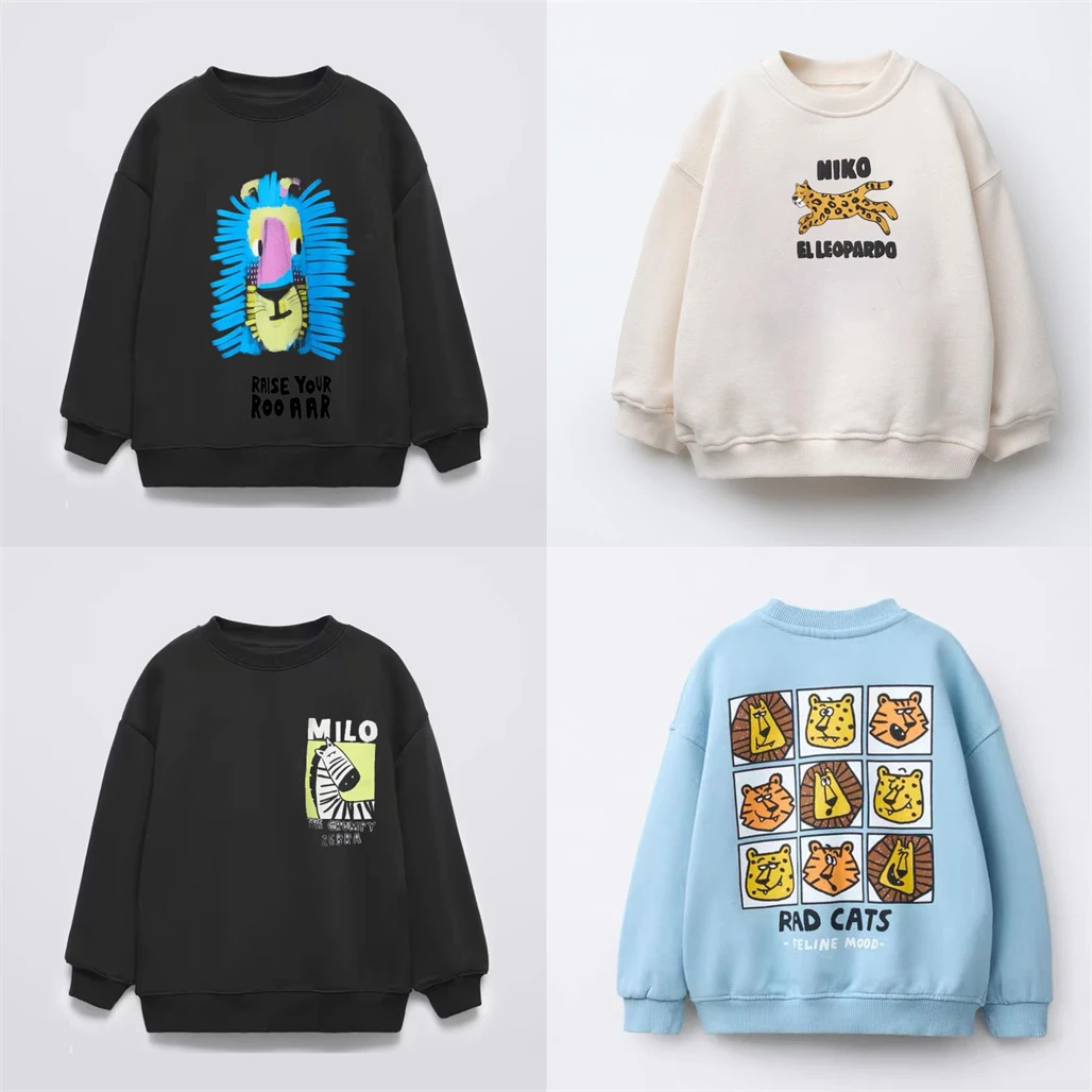 Black Sweatshirt Children Autumn Clothes Long-sleeved Tops Outer Wear New Design Cute Printed Hoodies Toddler Casual Sports Wear