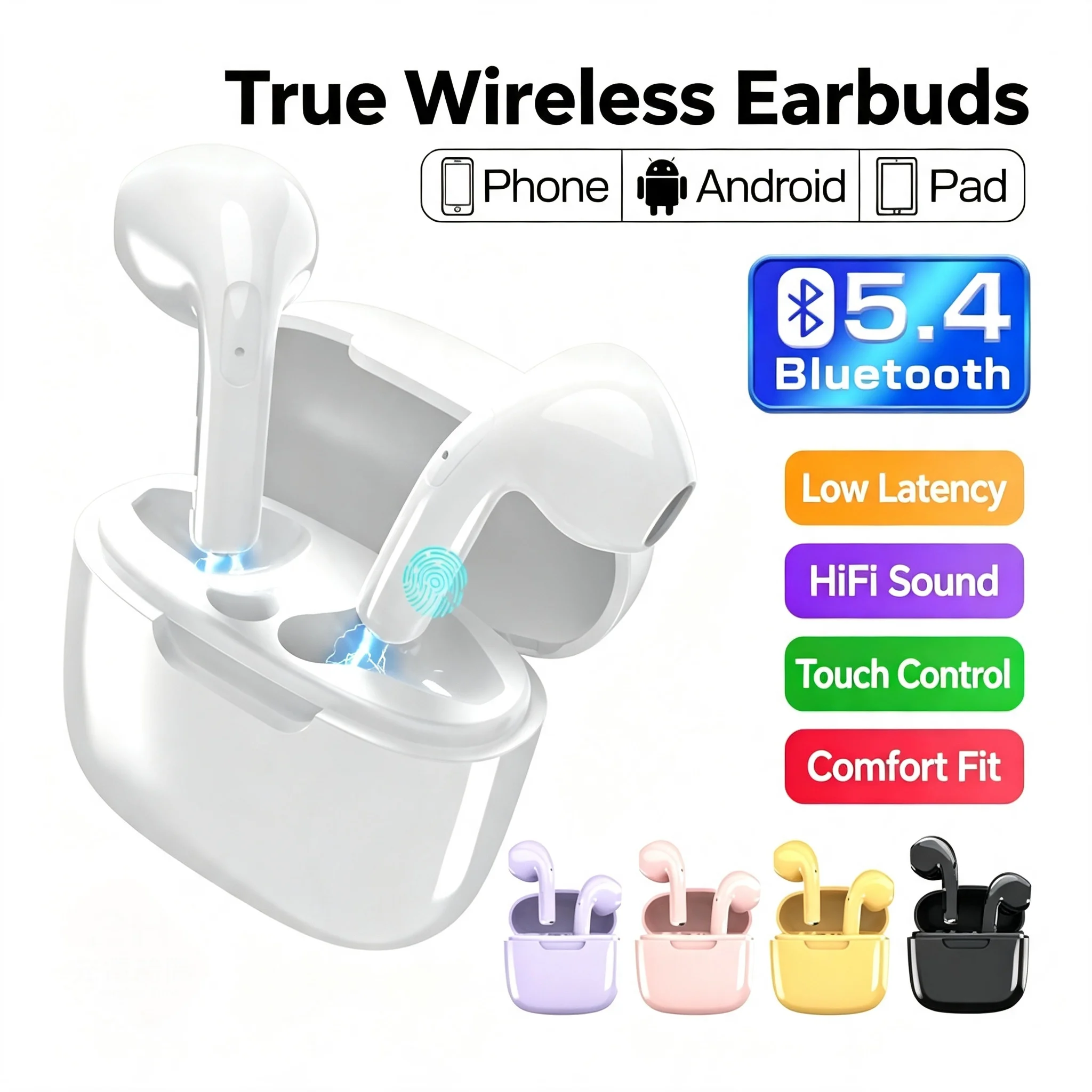 Écouteurs sans fil, Bluetooth 5.4, Casque sans fil, Écouteurs Bluetooth, Intra-auriculaires, Écouteurs Bluetooth, Appairage automatique, Microphone ENC, Réduction de bruit, Son Hi-Fi de haute qualité