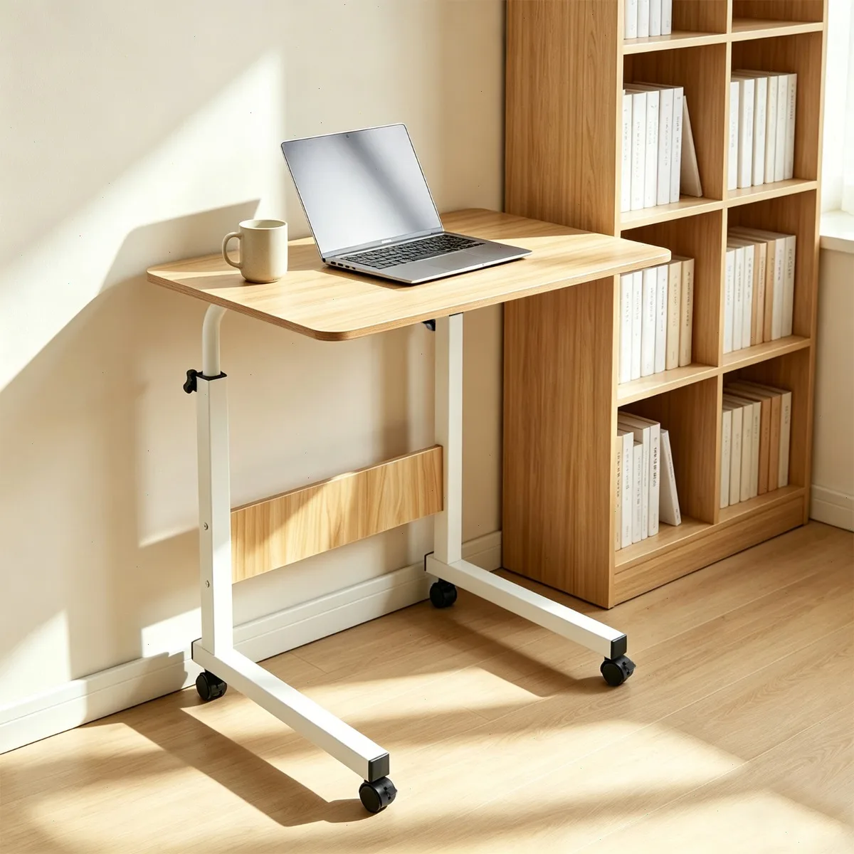 Höhenverstellbarer Computertisch, mobiler Laptop-Ständer mit Tischplatte, 27,55-35,43 Zoll Lazy Computer Rack, robust, 15 kg belastbar, 4 Bremsrollen, geräumiger Arbeitsplatz fürs Bett, weißes Holz
