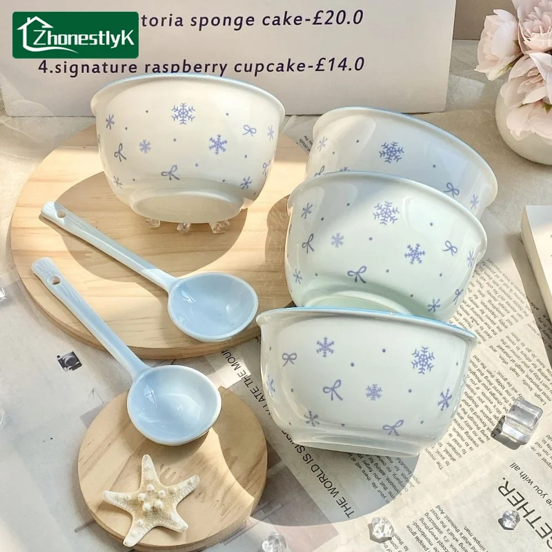 A Set of 4 Adorable Snowflake Patterned Ceramic Tableware Cute Household Rice Bowl Eating Dishes Soup Yogurt Dessert Bowls