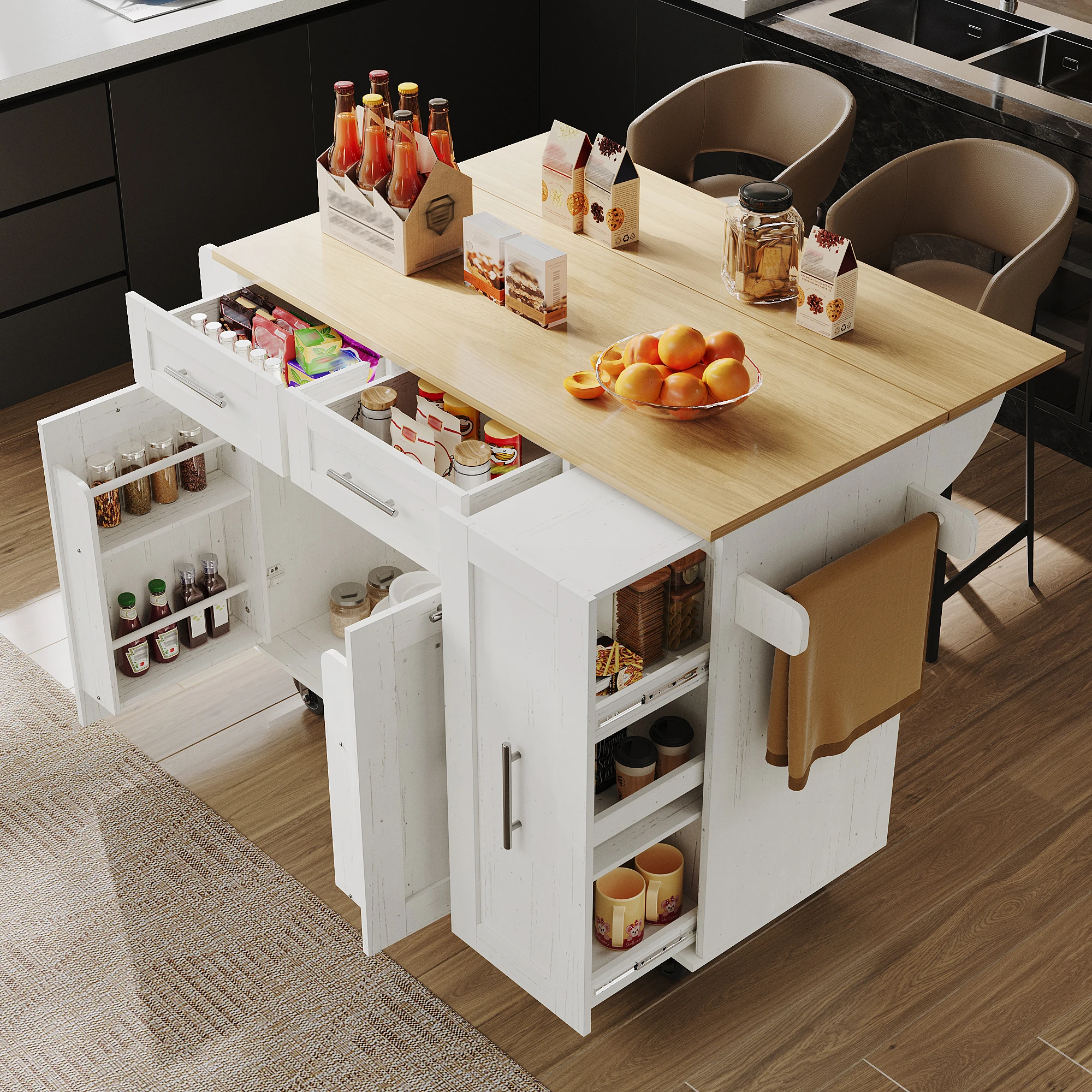 Moderner Kücheninselwagen mit Holzmaserung MDF-Tischplatte, multifunktionaler Buffetschrank, klappbarer Esstisch mit Ablagefächern, ausziehbarer Snackregal-Schrank, feststellbare Rollen, weiß