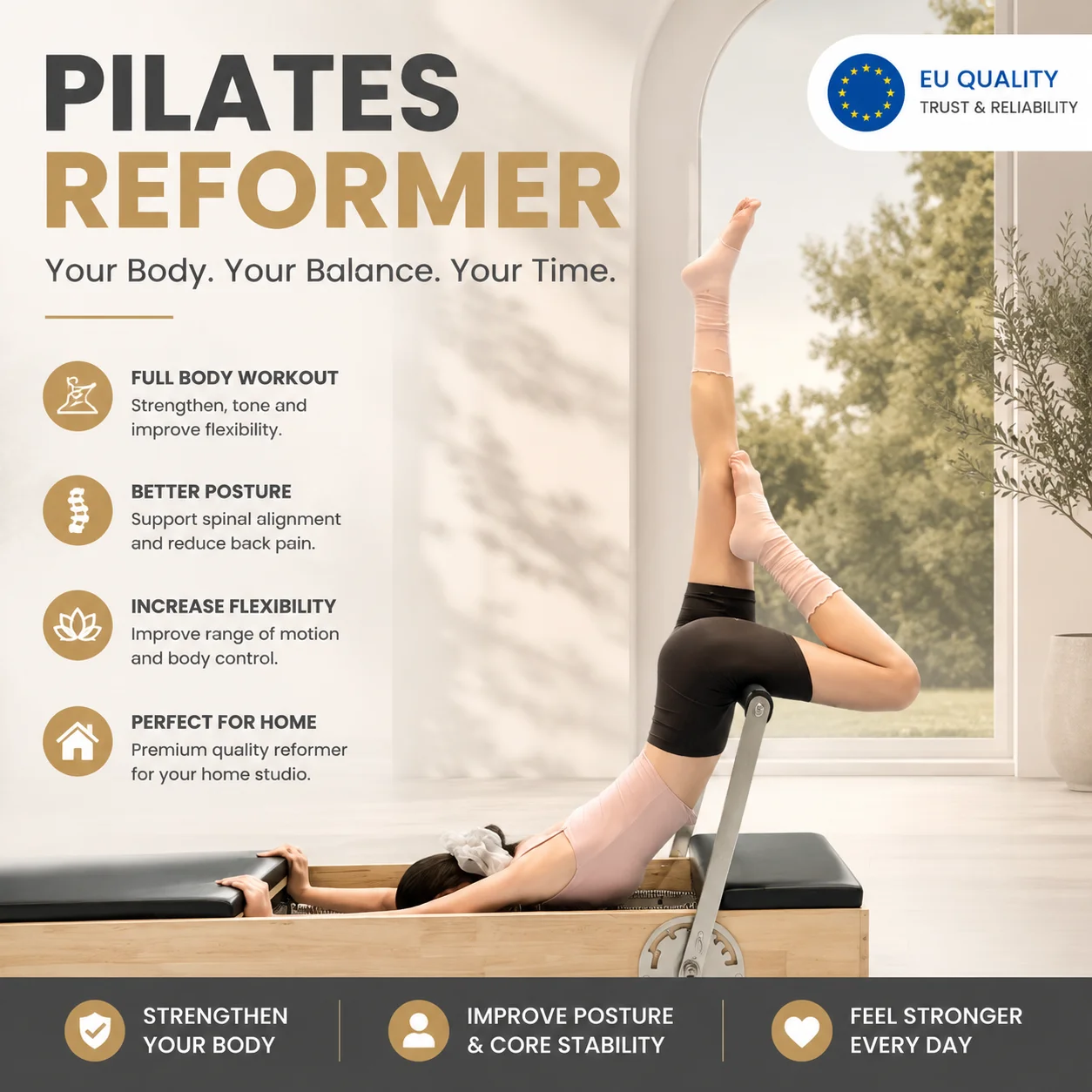 Luxuriöses Pilates-Reformer-Bett mit Widerstandssystem – Elegantes Trainingsgerät für Heimfitness, Studio & Wellness-Training