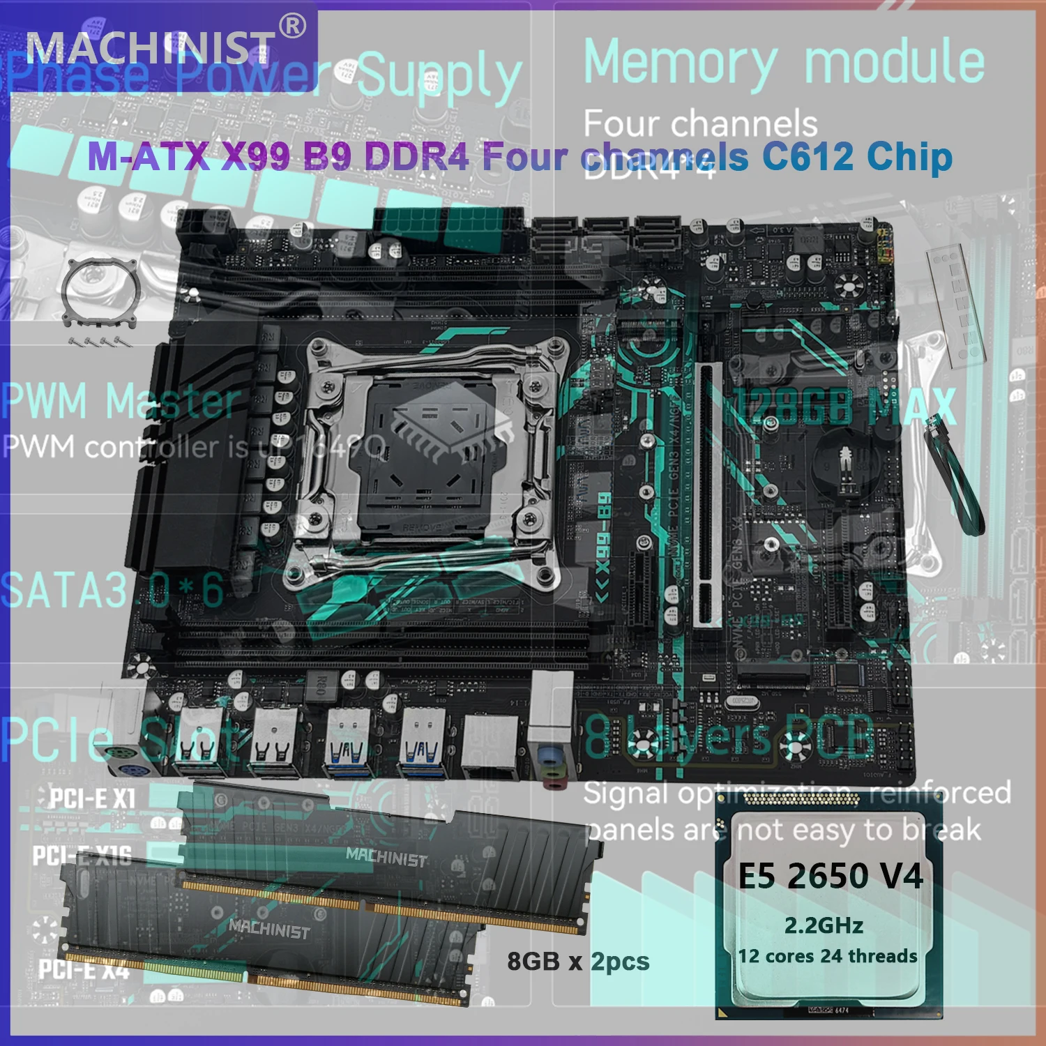 Carte mère de jeu MACHINIST X99 B9, Xeon E5 2650 V4, DDR4 16GB=8Gx2 RAM, NVME M.2, puce X99/C612, USB3.0
