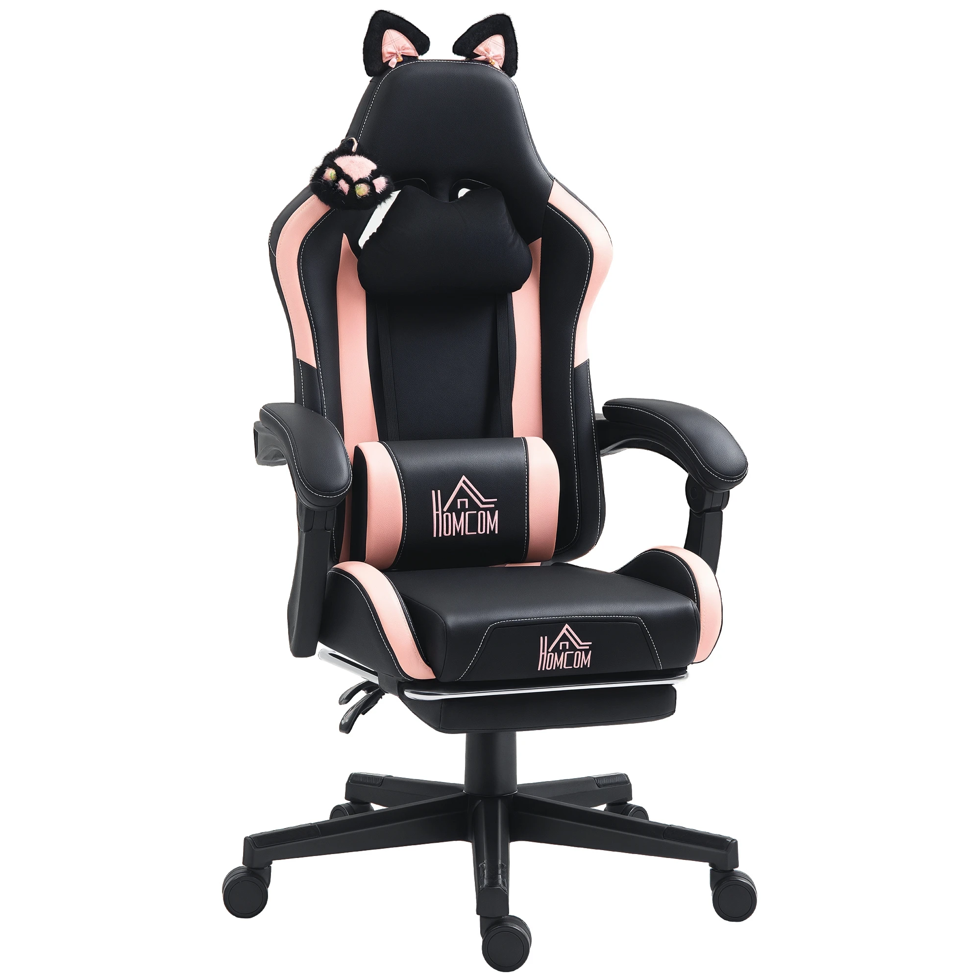 HOMCOM Ergonomischer Gaming-Stuhl mit Katzenohren, Gamer-Sessel mit Liegefunktion, 65x62x124 cm, Schwarz