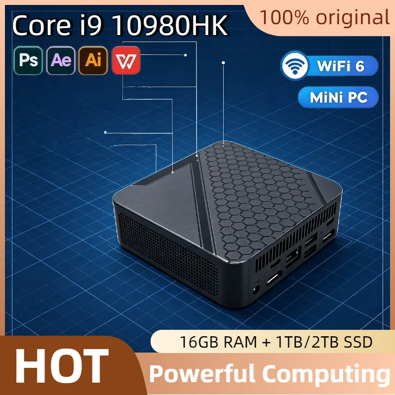 Mini PC portable Intel Core i9 10980HK 2026, 16 Go DDR4, SSD M.2 NVMe, Triple 4K, WiFi6, Refroidissement Silencieux, Bureau et Domicile, Pro Ultra