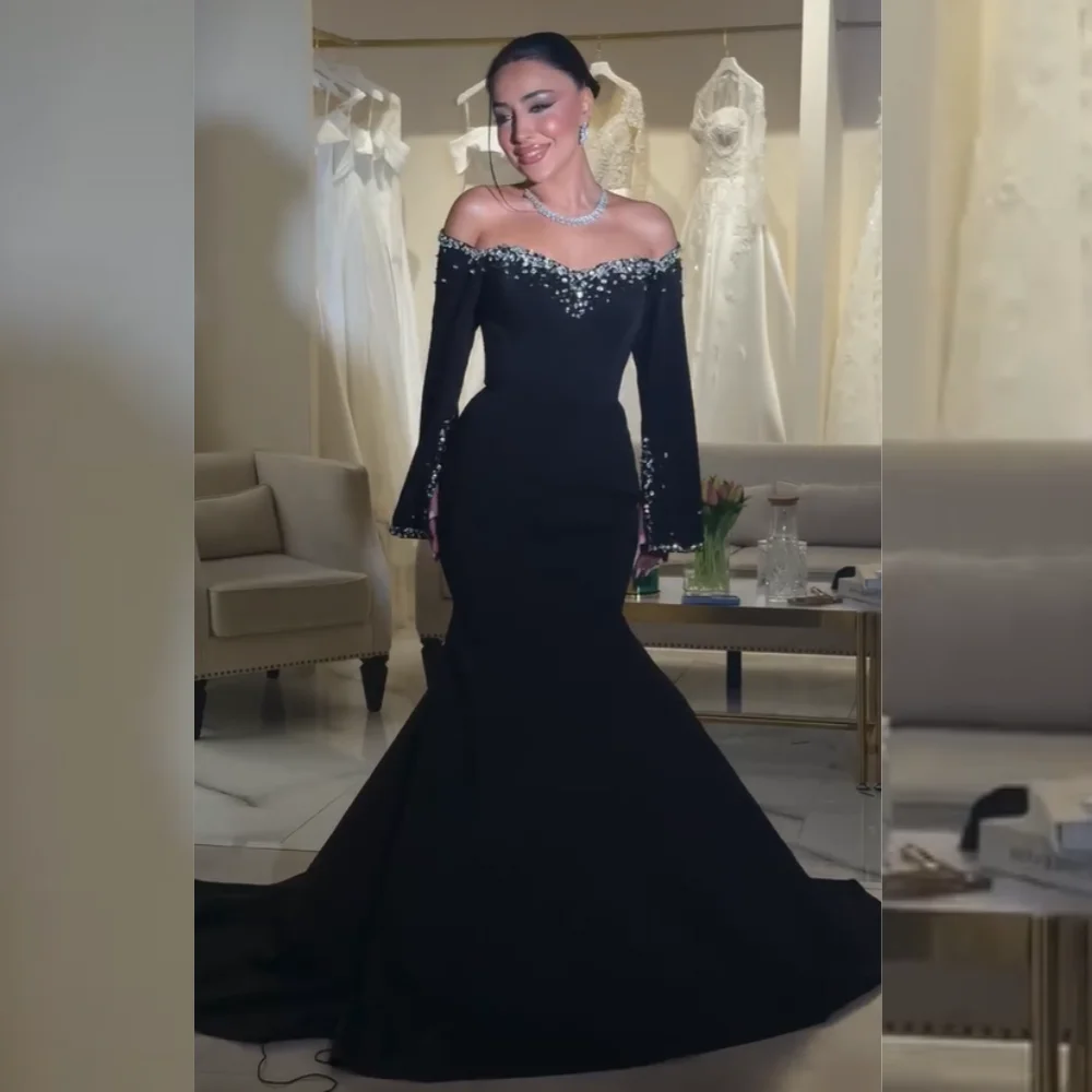 Customized Formal Jersey Sequined Pleat Trumpet Off-the-shoulder Long Dresses Bespoke Occasion Quinceanera Sparkle