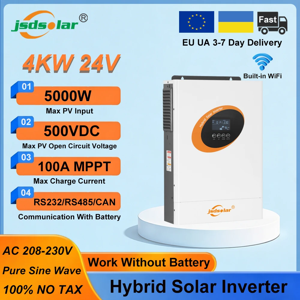 Jsdsolar Onduleur Solaire Hybride 4KW 24V 230VAC Onduleur à Onde Sinusoïdale Pure avec Contrôleur de Charge Solaire MPPT 100A Intégré, WiFi, RS485, RS232, CAN, Entrée PV Max 5000W, Onduleur Hors