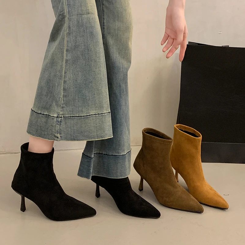 Spitze Stiefeletten mit Schlankem Hohem Absatz für Damen, Wildleder Slip-On Stretch-Schuhe, Pendler-Party-Kleid Kurze Stiefel, Damenschuhe