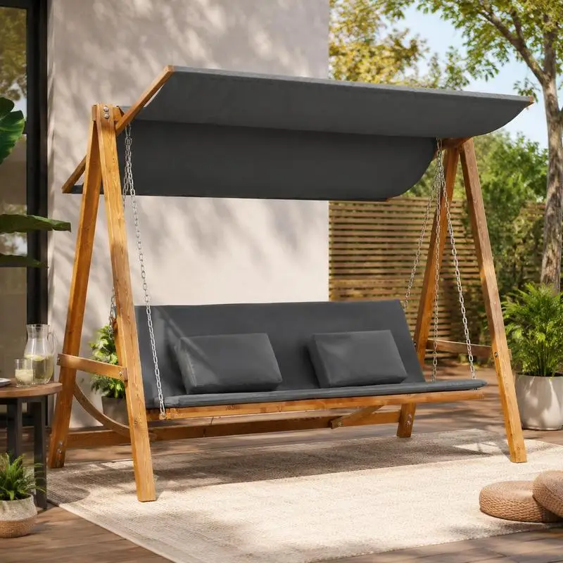 Hollywood-Schaukel mit Bettfunktion, 3-Sitzer-Gartenschaukel, Lärchenholz mit verstellbarem Sonnenschutz, 225,5 x 130 x 180 cm