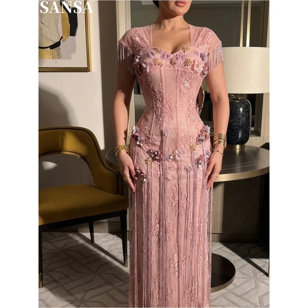 Sansa Customized blush pink Mermaid Evening Gow fringe sleeve sheer lace corset bodice form fitting Wedding‑Guest Maxi Dress
