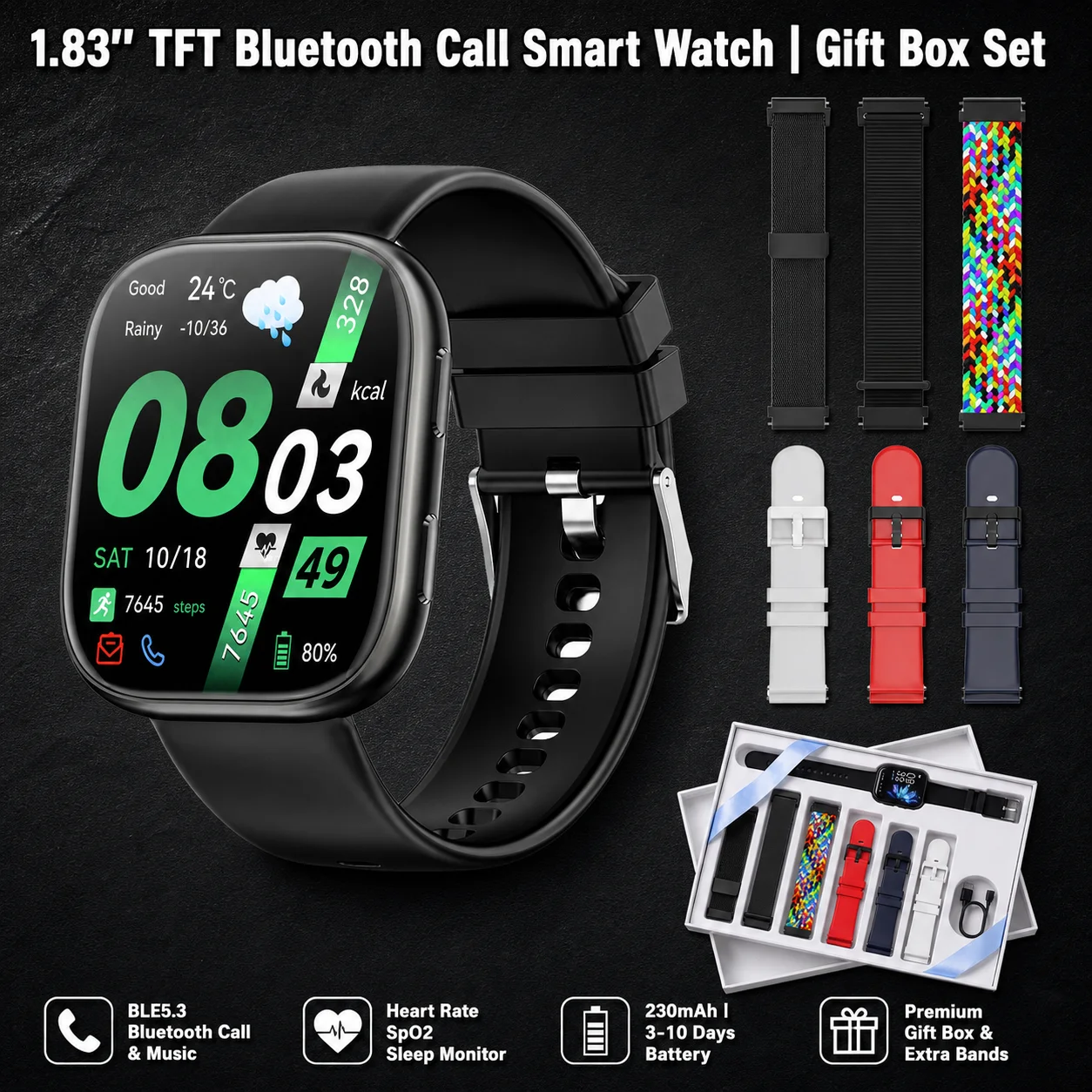 Montre connectée appel Bluetooth écran TFT 1,83 pouces coffret cadeau IP67 tracker sport fréquence cardiaque SpO2 sommeil 230mAh Android iOS