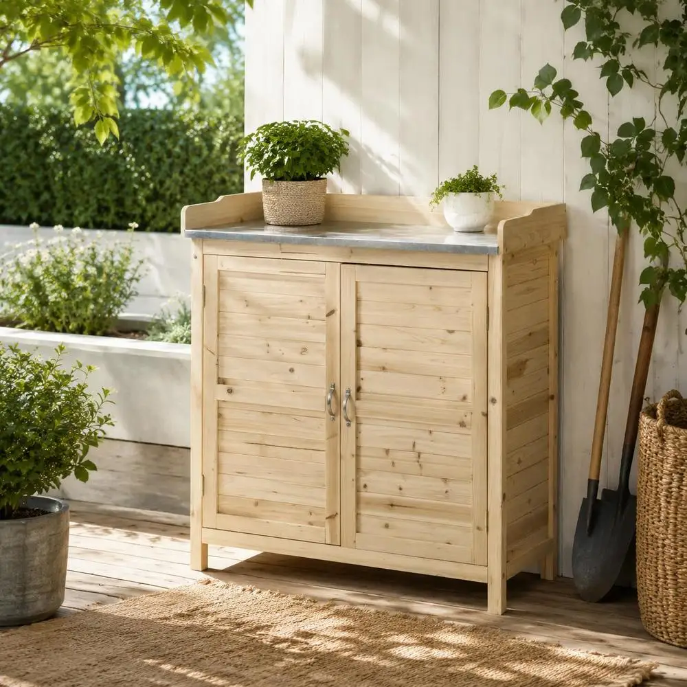 Armoire de jardin Outsunny, table de jardin avec armoire de base, en bois, armoire à outils avec 2 étagères, abri à outils, abri de jardin, naturel