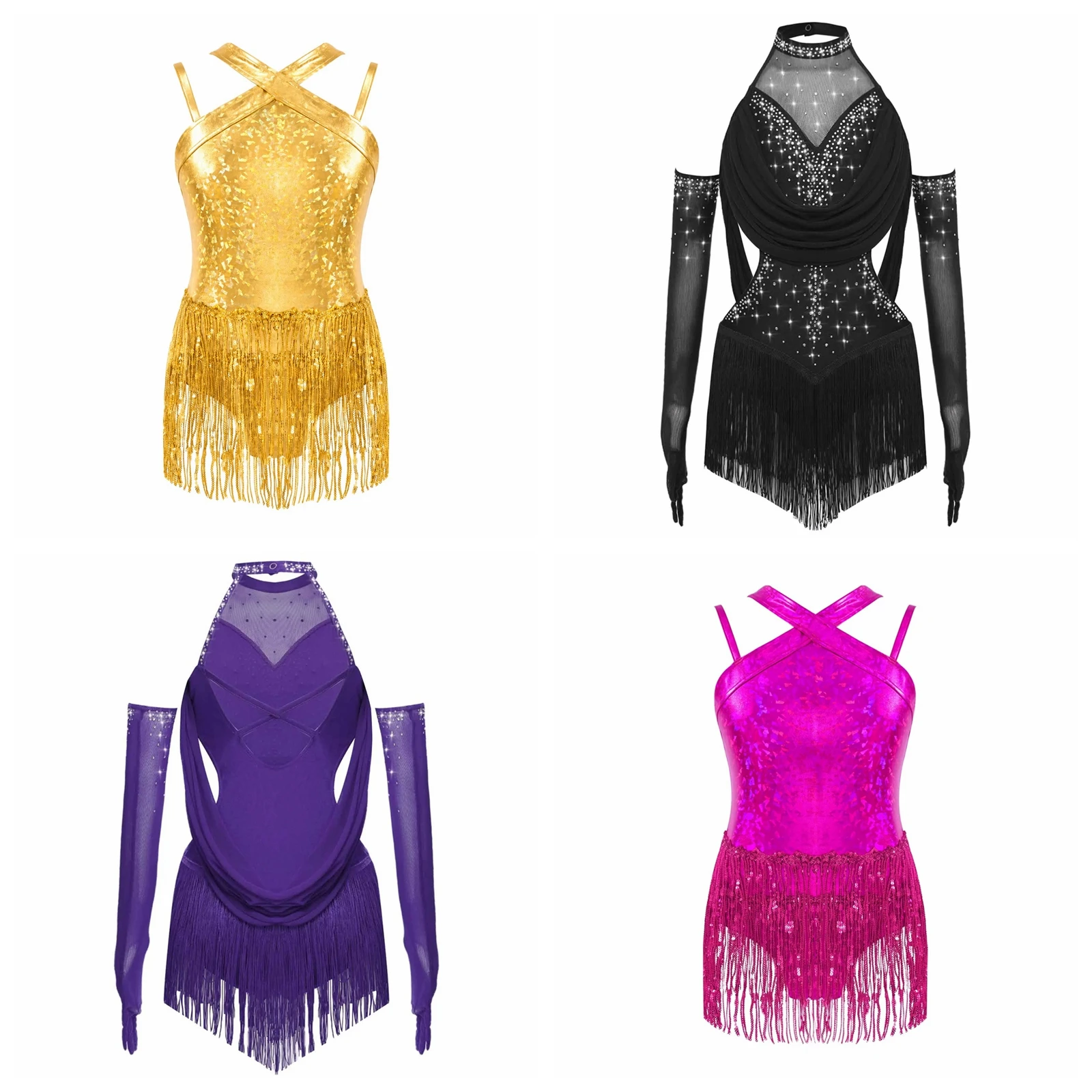 Robe de danse pour filles, style Rumba Cha-cha Tango, avec franges, pour la danse disco, jazz, latin, costume de danse pour enfant, paillettes, franges, justaucorps métallique