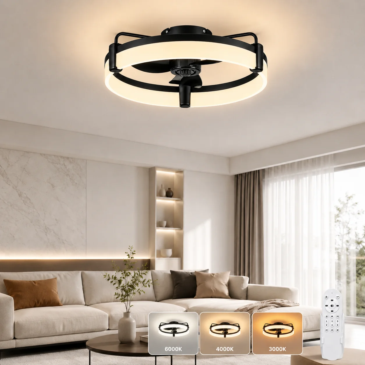 Reversible LED-Deckenventilatoren mit Beleuchtung, 3 Farbtemperaturen und 6 Geschwindigkeiten, superleiser, intelligenter runder Deckenventilator mit Lampen für Wohnzimmer, Esszimmer, Schlafzimmer.