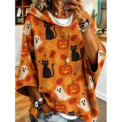 Damen Kapuzenpullover Druck Grafik Tiermotiv Lässig Dreiviertelarm Mit Kapuze Normale Oberteile Lässig Straße Alltagskleidung Gelb Purpur Orange Herbst Winter