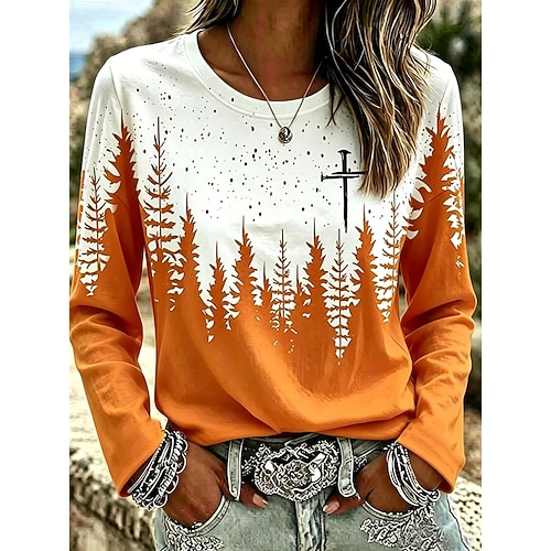 Damen T Shirt Druck Grafik Tiermotiv Katze Vintage Stilvoll Klassisch Langarm Rundhalsausschnitt Normale Oberteile Lässig Täglich Orange Frühling Herbst Winter MAO