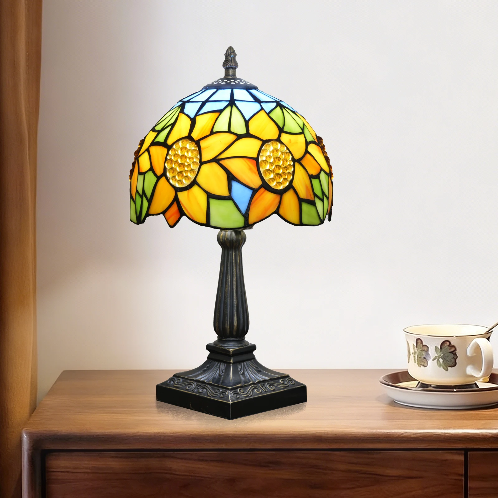 Antike Lampe im Tiffany-Stil, Sonnenblumen-Malglasleuchte, 8 Zoll Tisch- und Nachttischlampe für Wohnzimmer, Schlafzimmer, Arbeitszimmer, Kunstdekor-Geschenk