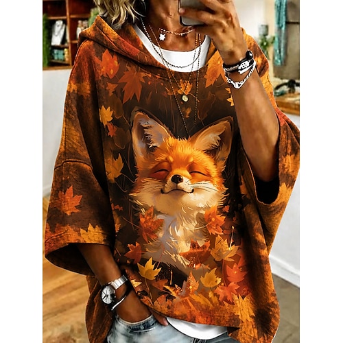 Damen Kapuzenpullover Druck Grafik Tiermotiv Lässig Dreiviertelarm Mit Kapuze Normale Oberteile Lässig Straße Alltagskleidung Gelb Orange Aprikose Herbst Winter