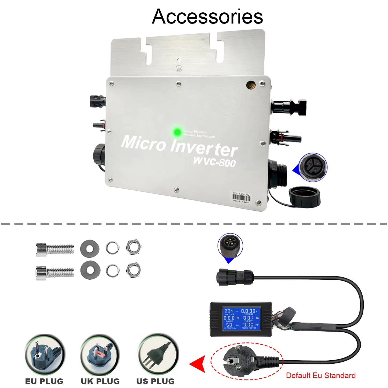 Micro-onduleur solaire Y&H 800W pour balcon, onduleur MPPT connecté au réseau avec écran LCD, double entrée PV DC30-42V pour 2 panneaux de 400W, onduleur connecté au réseau AC180-260V, étanche IP65,