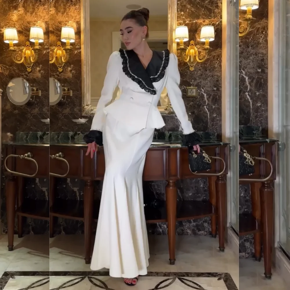 Customized Matching Jersey Pleat Ruched Button Trumpet V-neck Long Dresses Bespoke Occasion Homecoming Formal