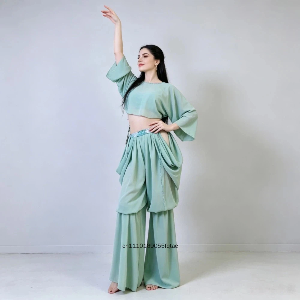 Pantalon sarouel en mousseline de soie, ensemble de tenue de danse du ventre 4 pièces, costume d'entraînement de danse orientale du Moyen-Orient pour femmes, vêtements d'entraînement