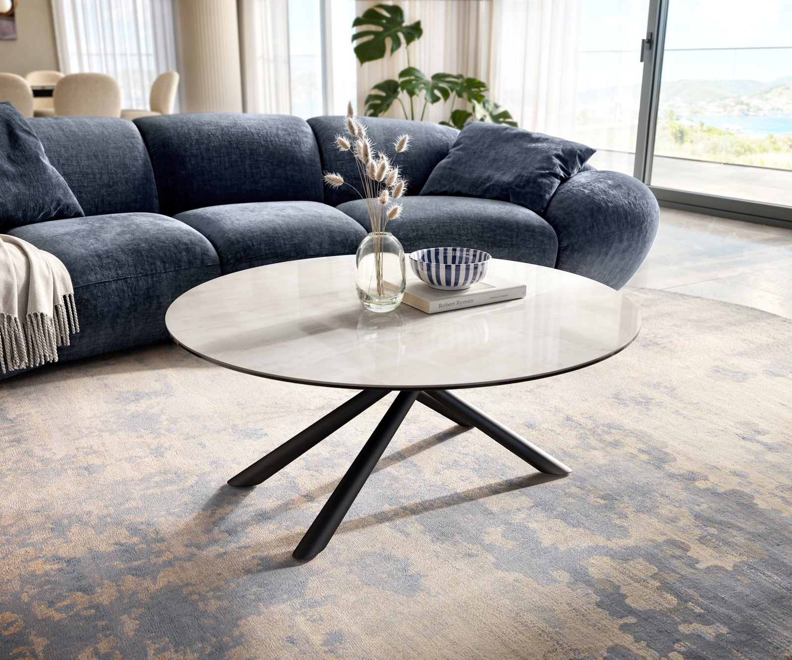 DELIFE Couchtisch Edge Rund 100x100 cm Keramik Onyx Champagne Sarity Metall Schwarz, Couchtische