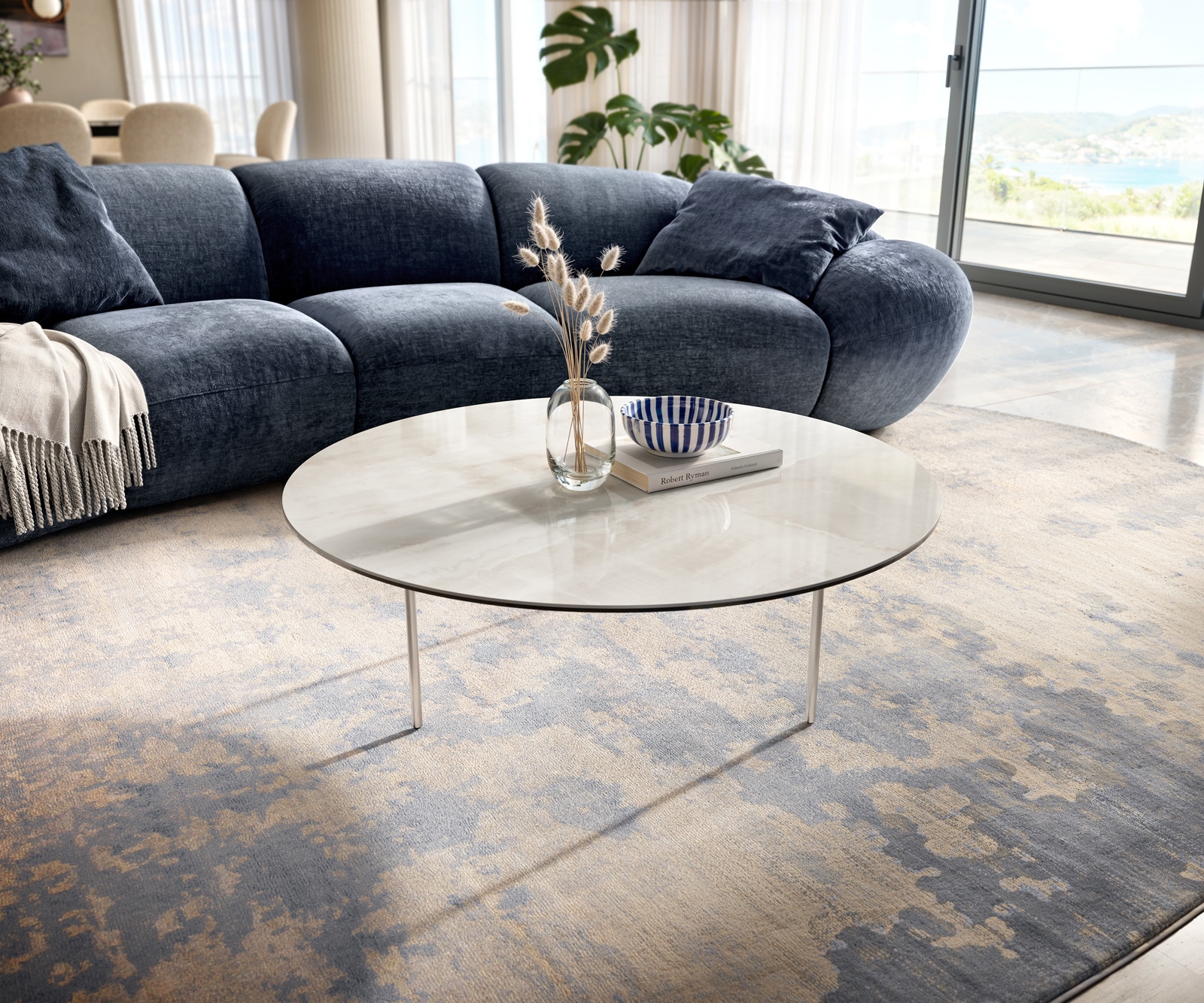 DELIFE Couchtisch Edge Rund 100x100 cm Keramik Onyx Champagne Trive Edelstahl gebürstet, Couchtische