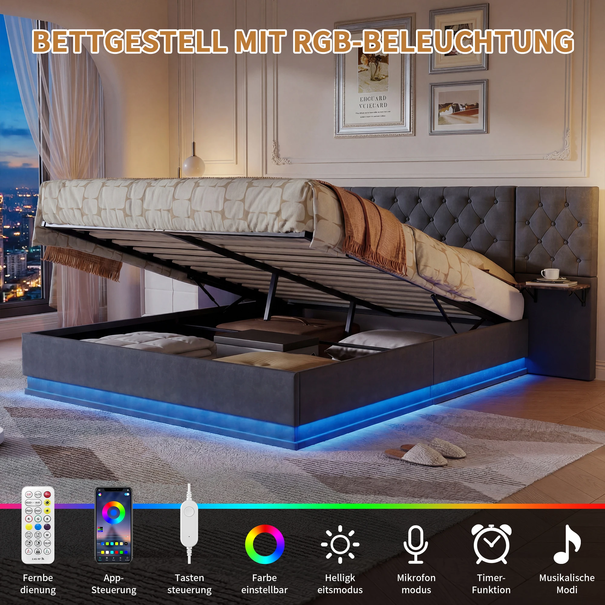 Anajqaqia, 140×200 cm Hydraulikbett, Jugendbett, Doppelbett, Schlafzimmerbett, Polsterbett mit mehreren praktischen Zubehörteilen, multifunktionaler Bettgestell für das Schlafzimmer, Erwachsenenbett,