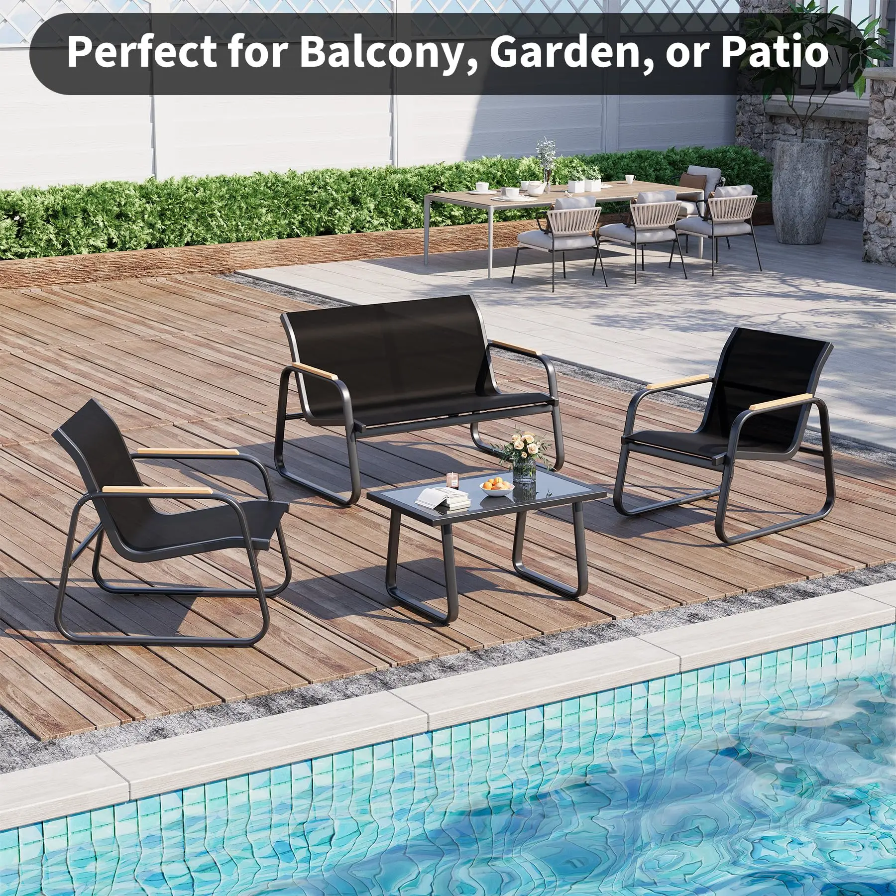 Gartenmöbel Set 4-TLG, Textilene Balkonmöbel Set mit Tisch, Sofa und 2 Stühlen, Stahl, Sitzgruppefür Garten, Balkon, Außen