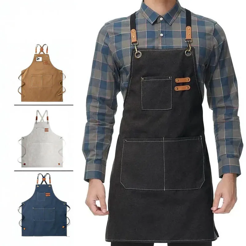 1/2PCS Household Canvas Apron Oil-proof Can Wipe Hands Kitchen Cooking Men Women Adult with Tool Pockets Coffee Over Apron