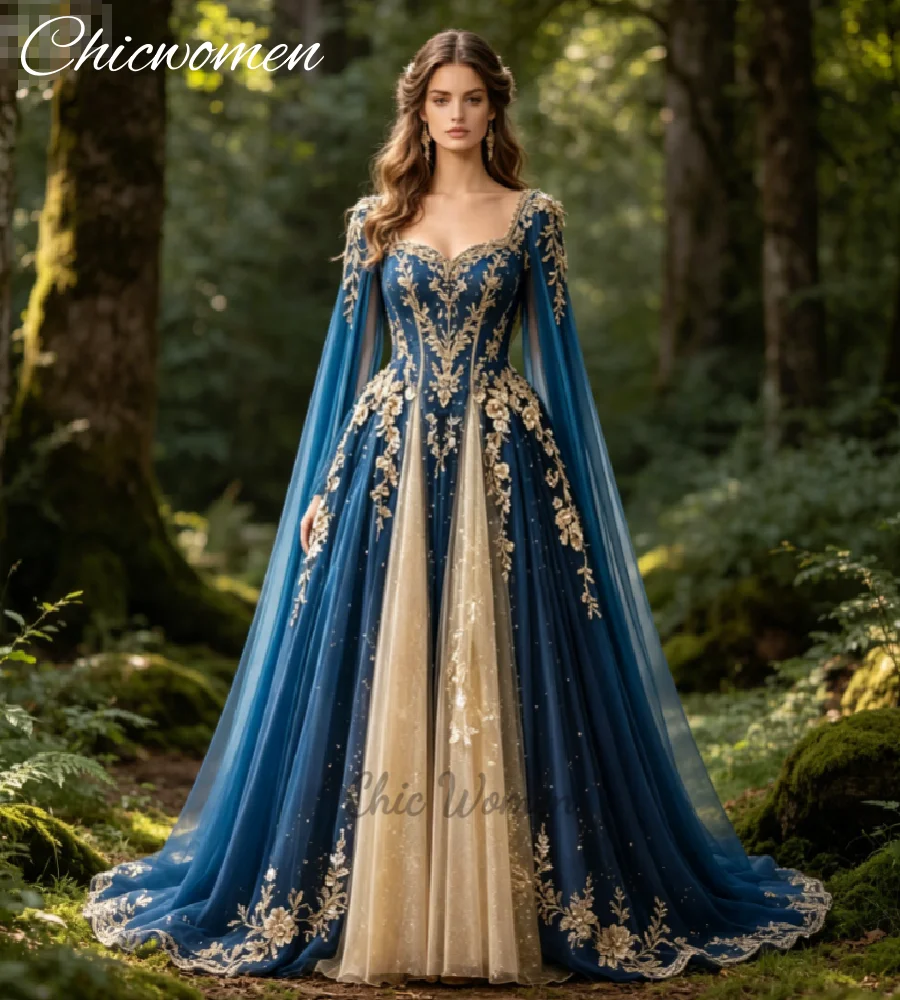 Blue and Gold Medieval Prom Dress 2026 Cape Sleeves Renaissance Princess Evening Gowns Lace Regal Cosplay A Line tulle Aesthetic