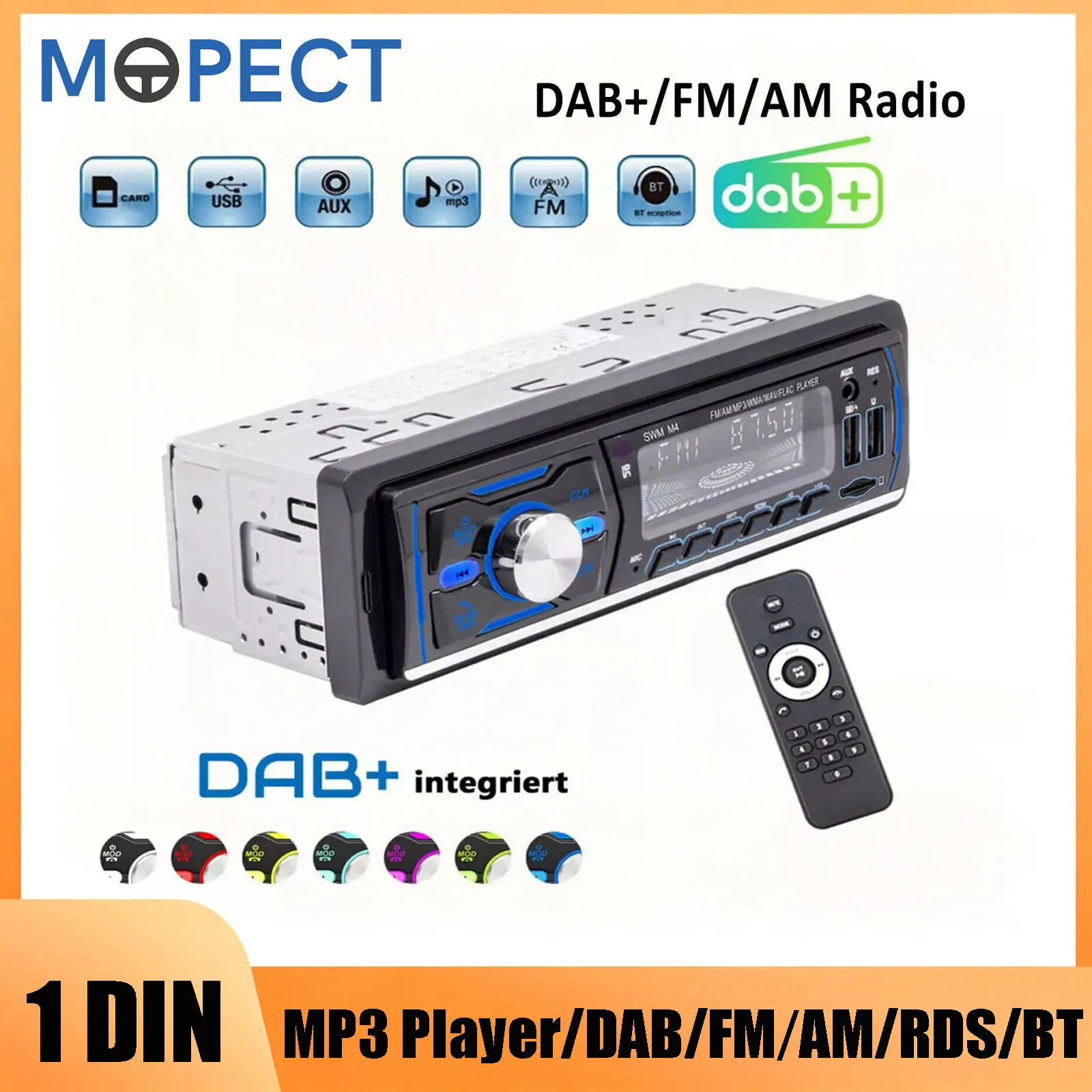 Autoradio MOPECT DAB Single DIN, lecteur MP3, autoradio, AM/FM RDS, Bluetooth, USB/AUX/TF/Music, lecteur multimédia