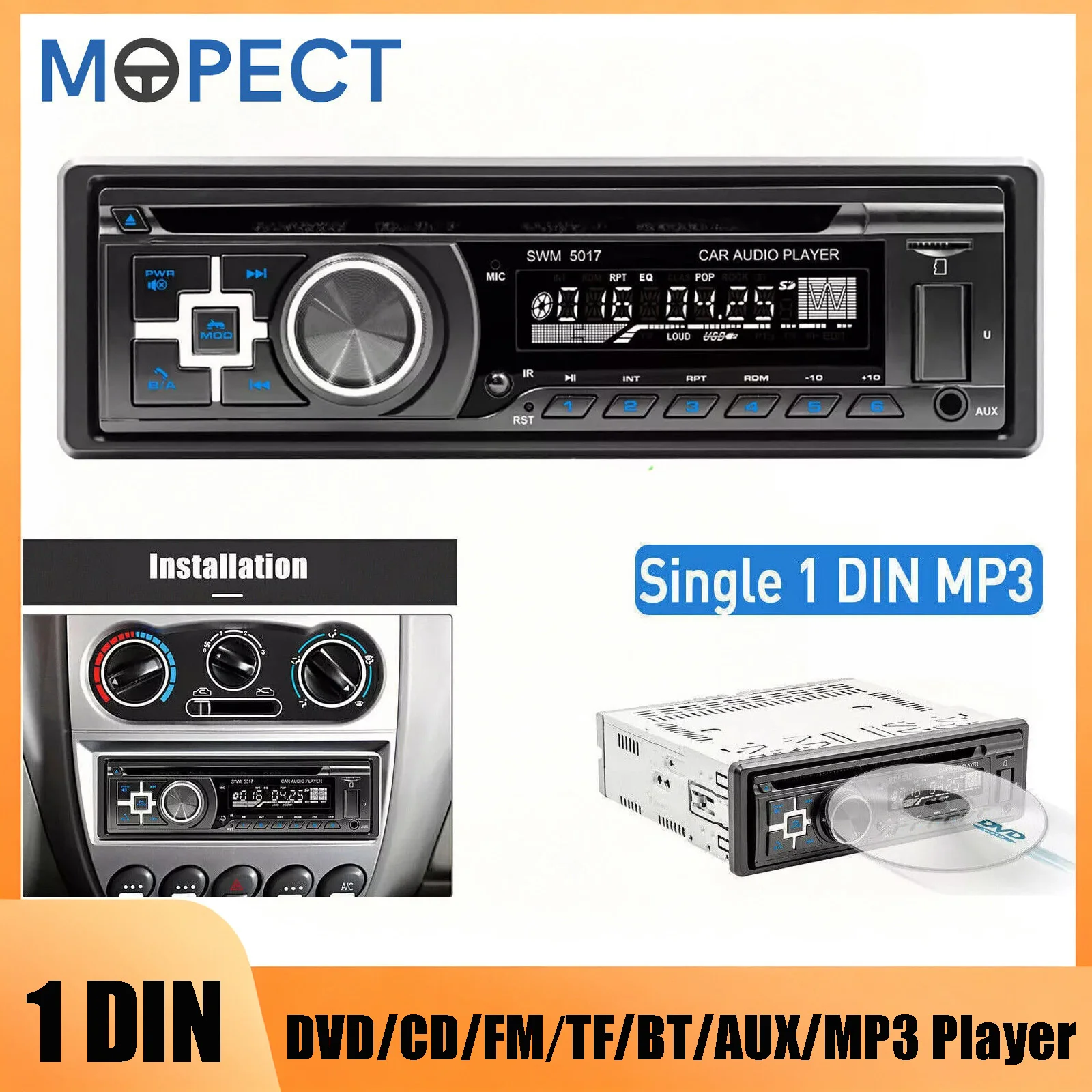 Autoradio stéréo MOPECT simple 1 DIN, lecteur CD/DVD/MP3, Bluetooth, FM/RDS/USB/TF/AUX/Music/EQ, lecteur multimédia
