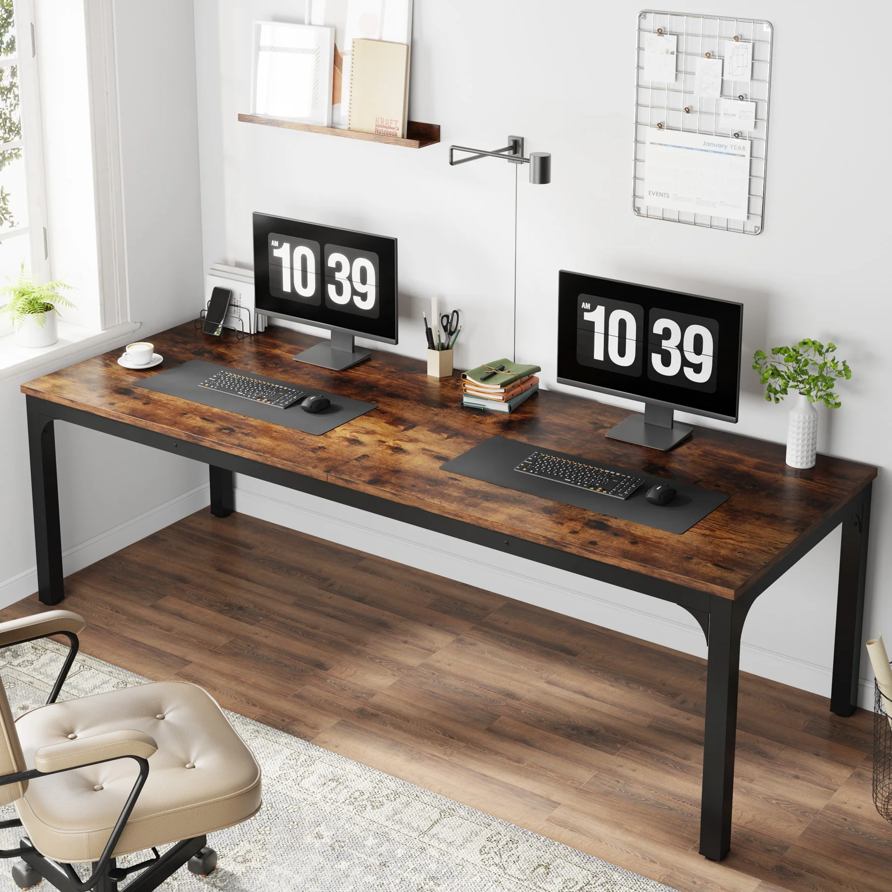 Tribesigns Schreibtisch Computertisch 200 x 70 x 75 cm Doppelter langer Schreibtisch, PC Tisch Bürotisch Arbeitstisch Esstisch Büro-Möbel Computertisch Konferenztisch für Home Office, Rustikales Braun