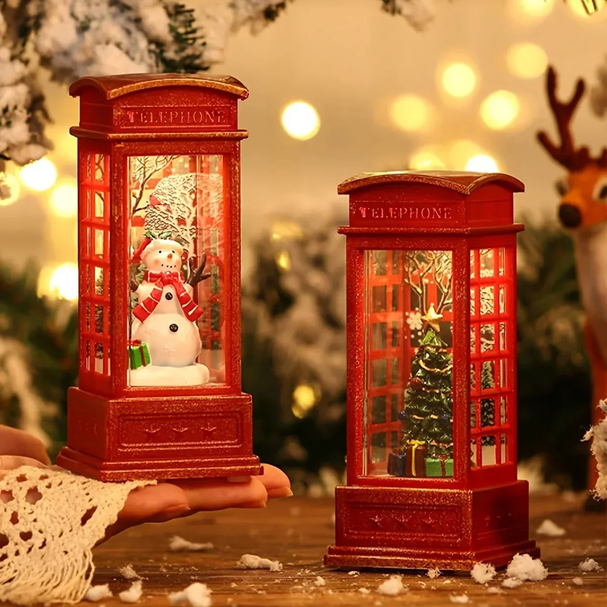 2027 Phone Booth Decoration with Santa Claus, Snowman & Tree - Red Retro Telephone Booth Ornament With Light Home Decorator