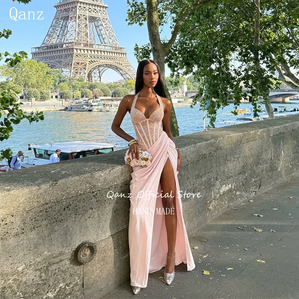 Qanz Elegant Pink Evening Dresses Mermaid High Slit Engagement Dress Lace Backless Women Vestidos Invitada De Boda Customized