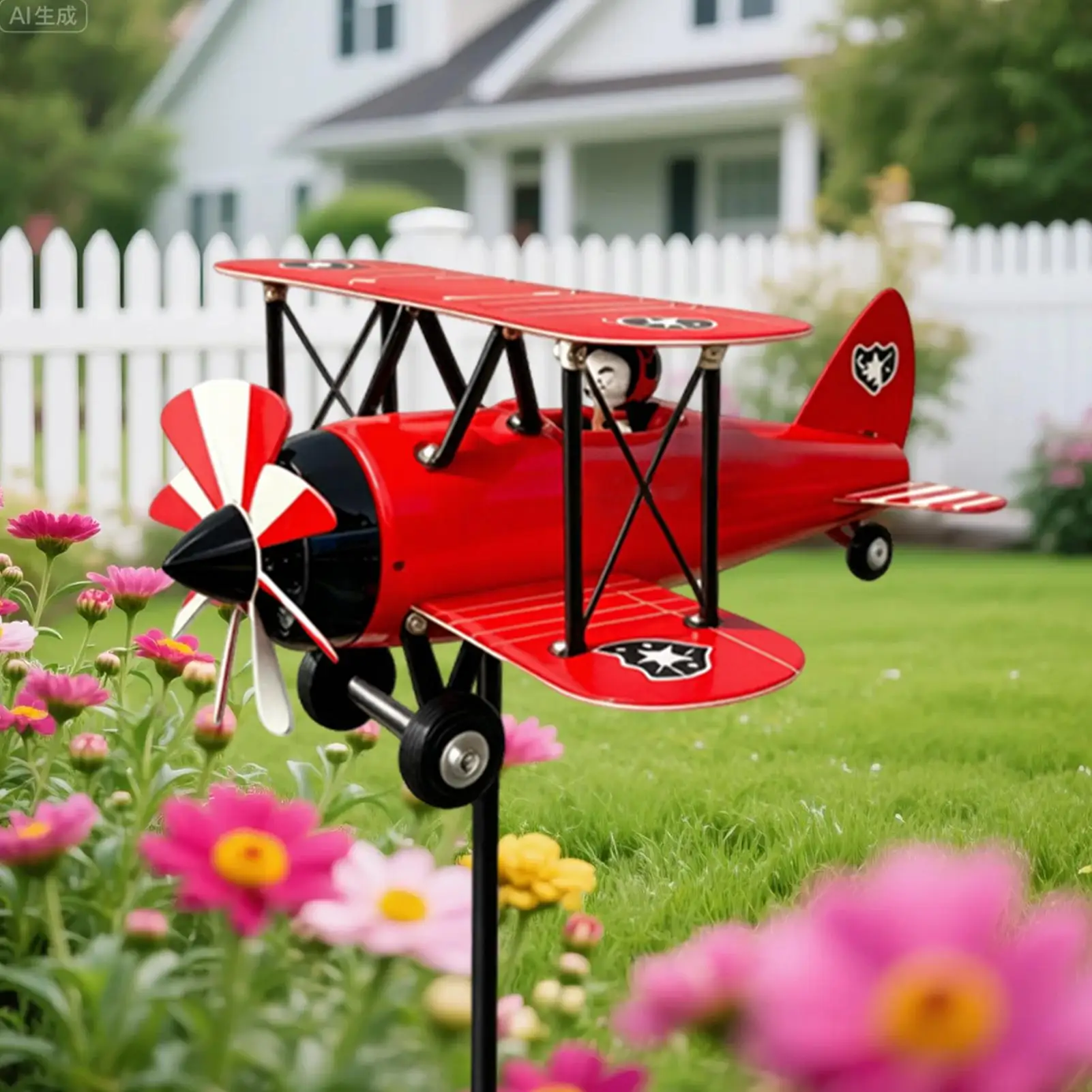 Aeroplane Weathervane Deco Outdoor Metal Airplane Wind Vane Biplane Garden Wind Spinner Garden Windmill With Rotating Blades