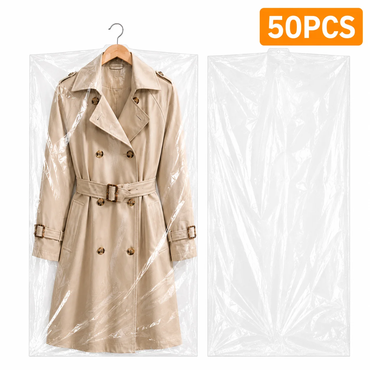 50 Pack Clear Garment Bags for Hanging Clothes, 60 × 100cm Plastic Dry Cleaning Bags, Transparent Clothes Covers for Suits, Coats, Dresses, Shirts & Home Wardrobe Storage
