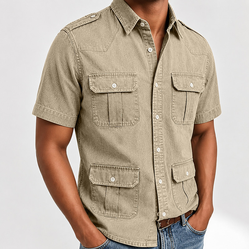 SoftFade™ Men Shirt Casual Shirt Button Up Shirt Cargo Shirt Demin Shirt Acid Wash Shirt Blue Black Light Green Wine Gray Short Sleeve Shirt Collar Casual Daily Pocket Clothing Apparel Elegant Fashion