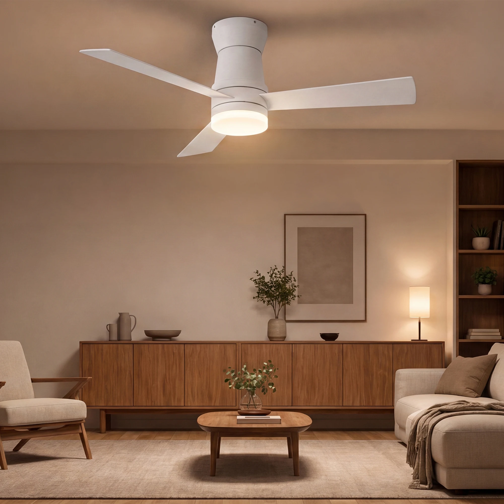 Comanlai Weißer Deckenventilator mit Beleuchtung und Fernbedienung, leise, 132 cm Deckenventilator mit LED-Lampe und 3 Holzflügeln, Holzmaserung, für Schlafzimmer, Wohnzimmer, Stangenmontage