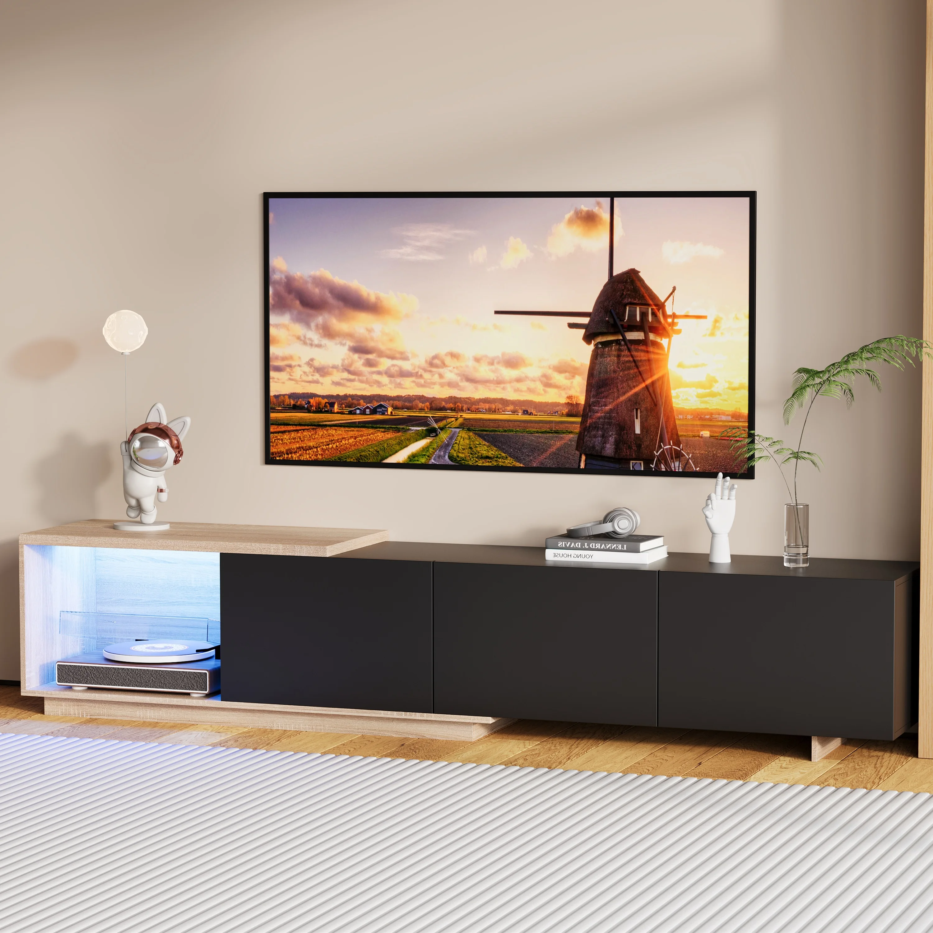Superaly, meuble TV compact rétractable 240×38×44 cm pour petits espaces, meuble AV avec 3 compartiments de rangement cachés, meuble multimédia, meuble de rangement, meuble TV, meuble TV, meuble de