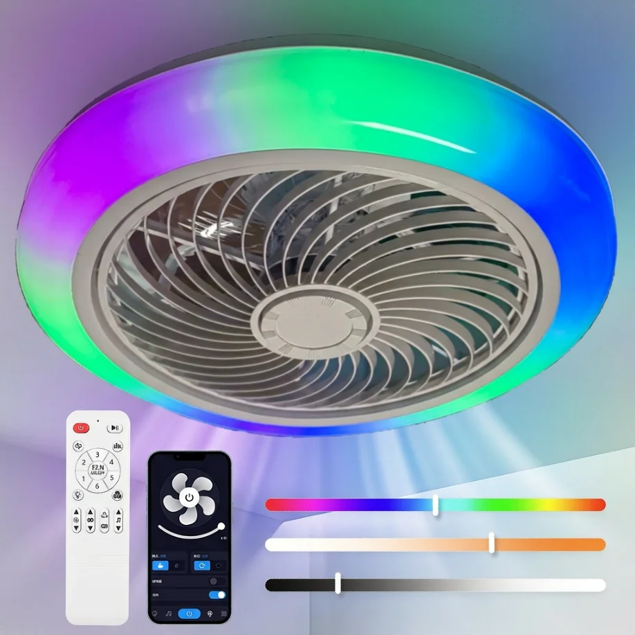 Deckenventilator mit RGB-Beleuchtung, Fernbedienung, App- und BT-Steuerung, LED-Deckenlampe für Schlafzimmer und Wohnzimmer, 45 cm, 60 W, dimmbar, ABS, sechs Windgeschwindigkeiten, Timer,