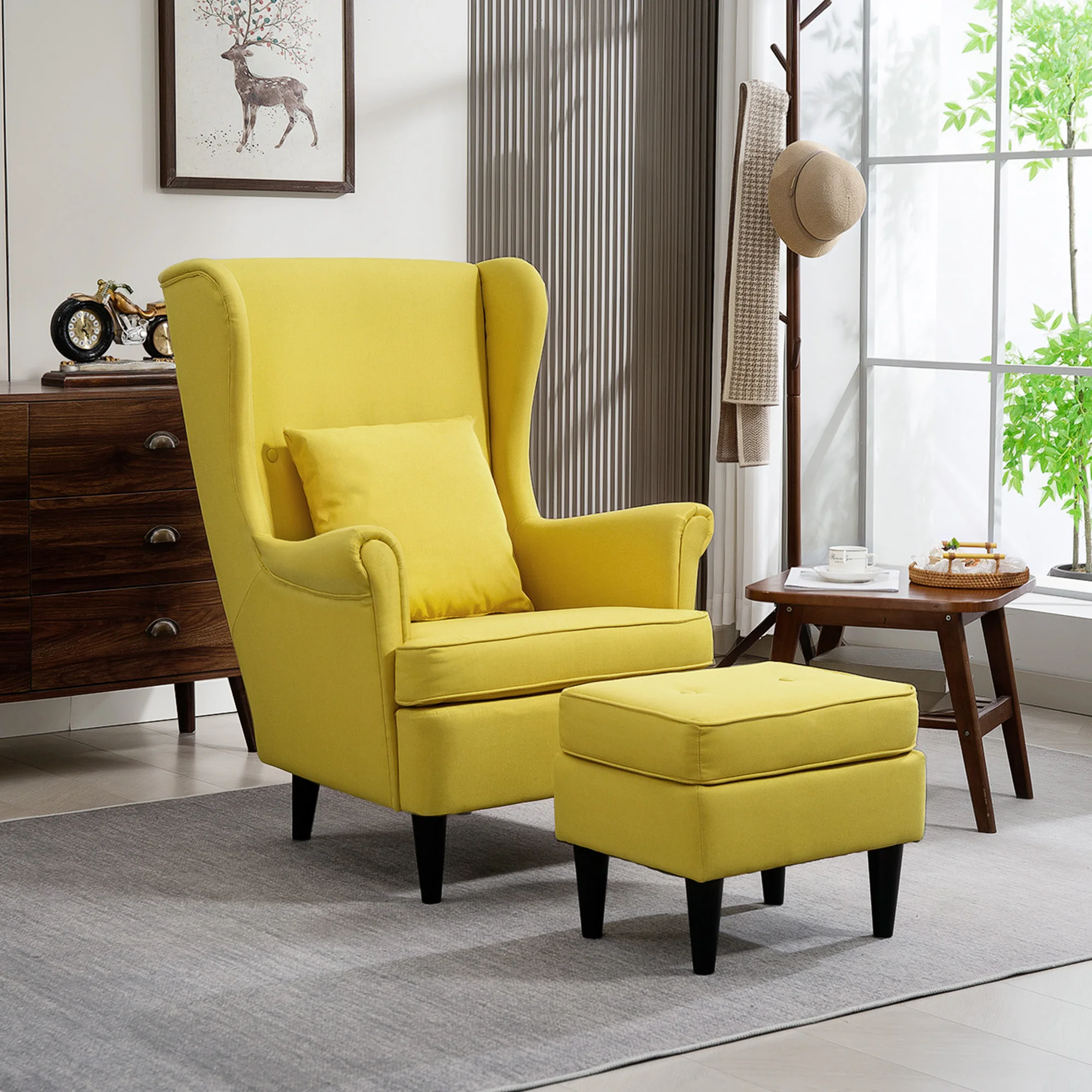 HOMCOM Ohrensessel mit Hocker Sessel mit Leinenoptik, Lendenkissen, Loungesessel Modern Relaxsessel mit Armlehne für Wohnzimmer Schlafzimmer Gelb