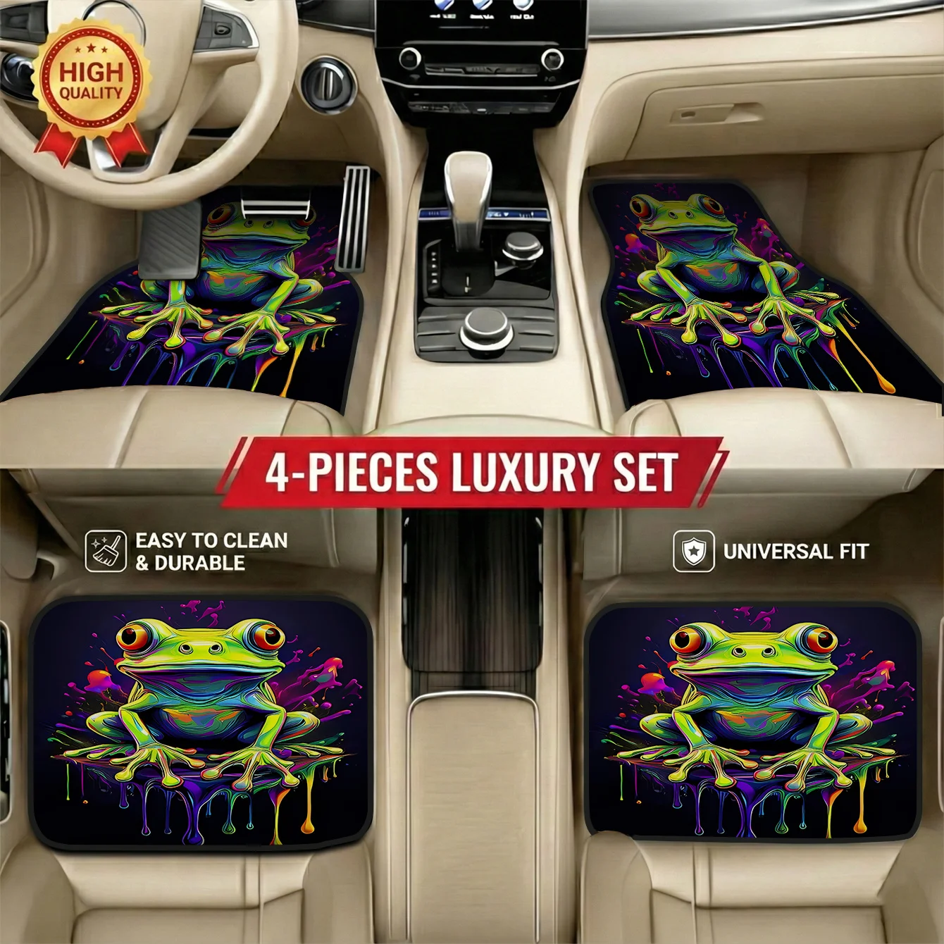 Ensemble de 4 tapis de voiture à motif grenouille, parfaits pour les voitures à hayon et les break, faciles d