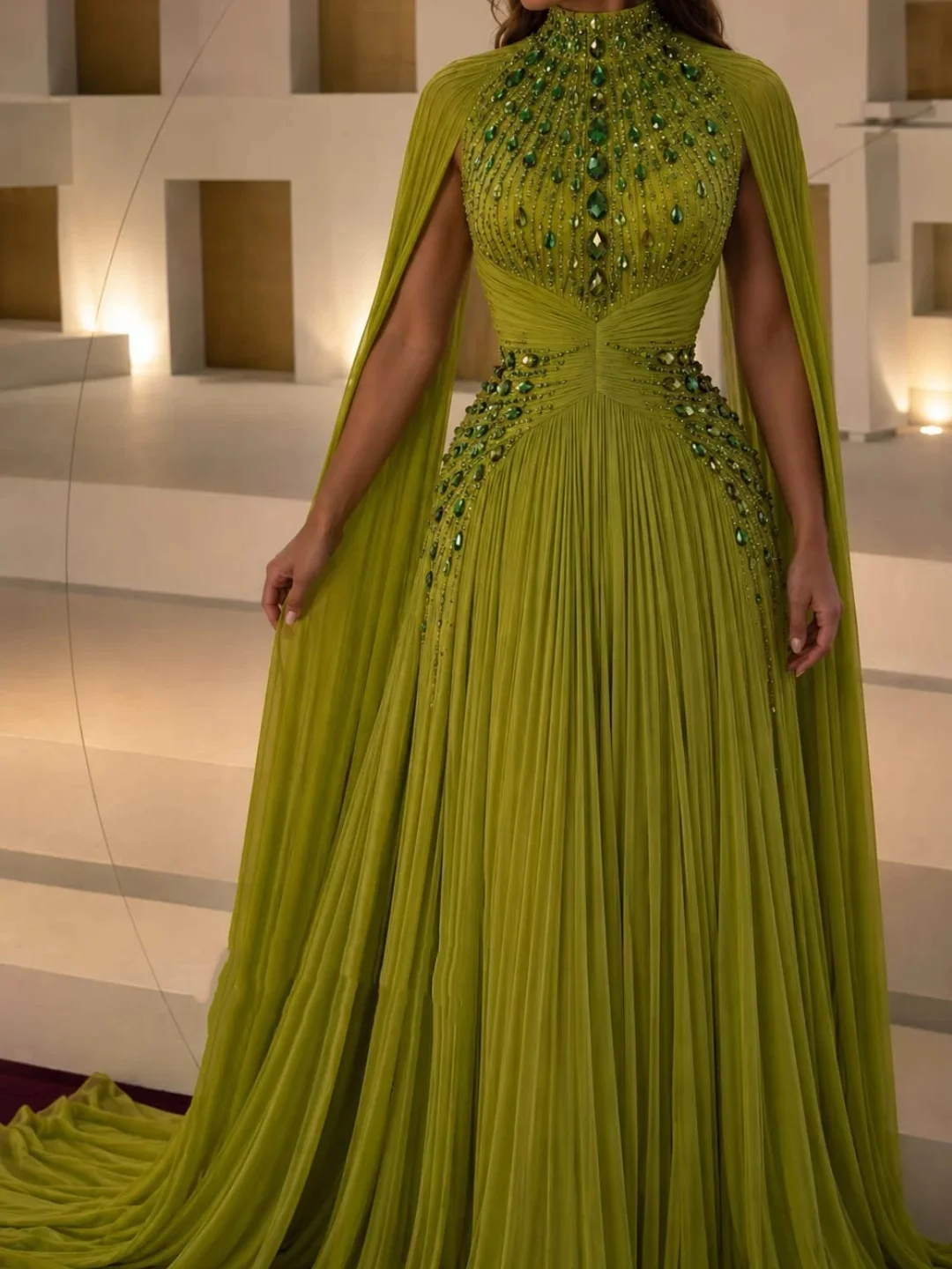 Customized Sleeveless Evening Dresses High Neck Pleated Beadings Floor Length Prom Dresses Party Dresses