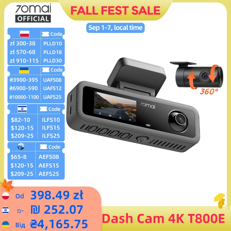 70mai 4K T800E 3-in-1 Dash Cam Front Rear Interior f/1.55 Night Vision Supercapacitor GPS Voice Control Car DVR 70mai T800E