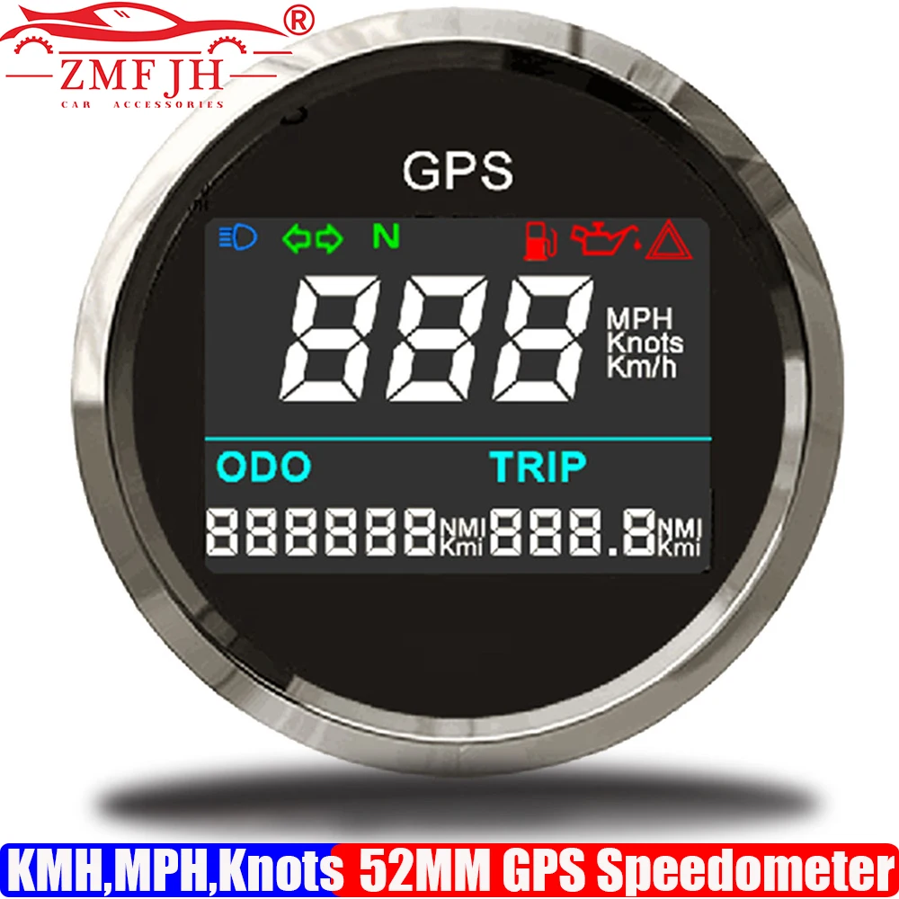 0-999KMH,MPH,Knots 52MM GPS Speedometer Gauge with Antenna Digital Speed Odometer TRIP SOG Gear High Beam Turn Light for Car Boa