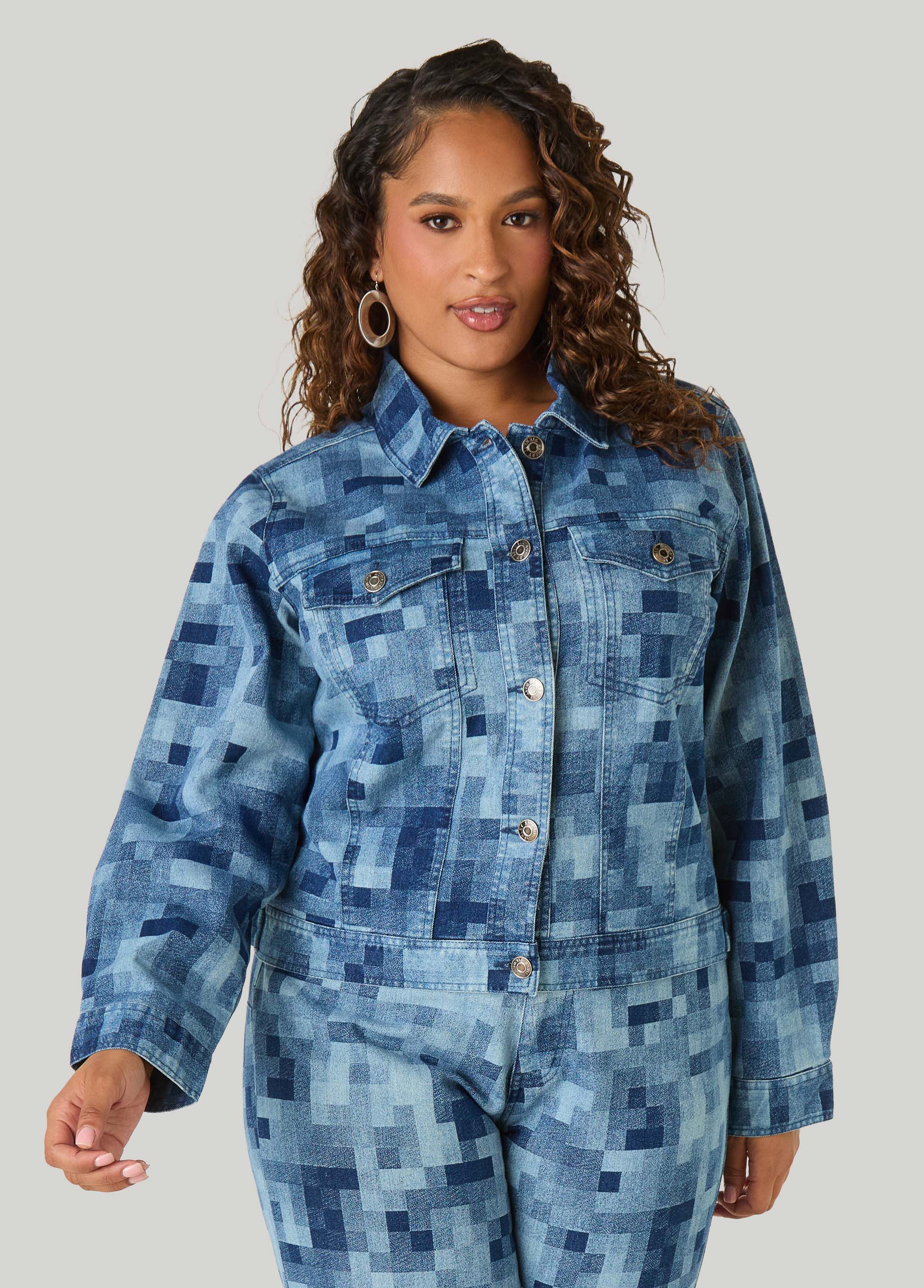 Plus Size Pixel Print Denim Trucker Jacket - Ashley Stewart