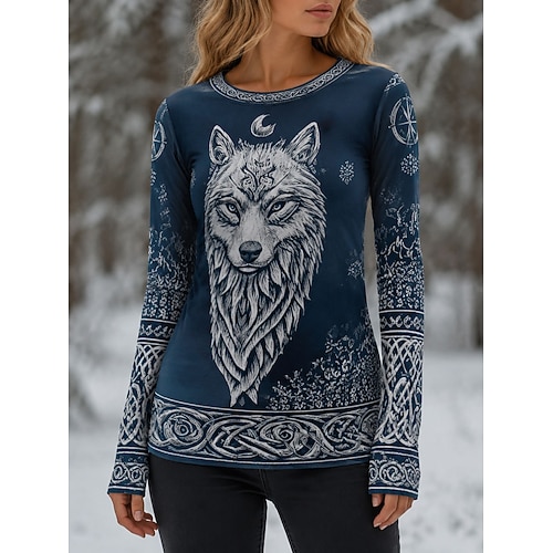 Damen T Shirt Druck Grafik Tiermotiv Vintage Stilvoll Klassisch Langarm Rundhalsausschnitt Normale Oberteile Lässig Täglich Blau Frühling Herbst Winter